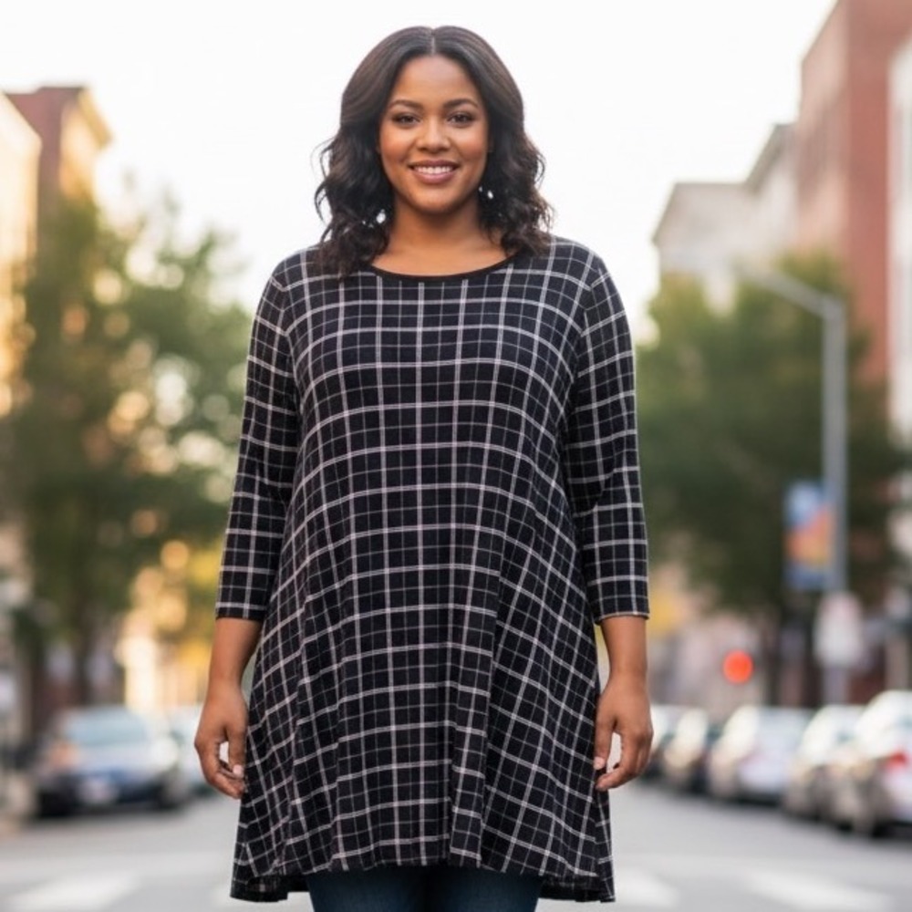 J.Jill WearEver Collection Black White Windowpane Plaid‎ Tunic Shirt Size Large